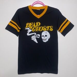 Dead Ghosts Smoking Skull with Gold Tooth V- Neck Band Shirt